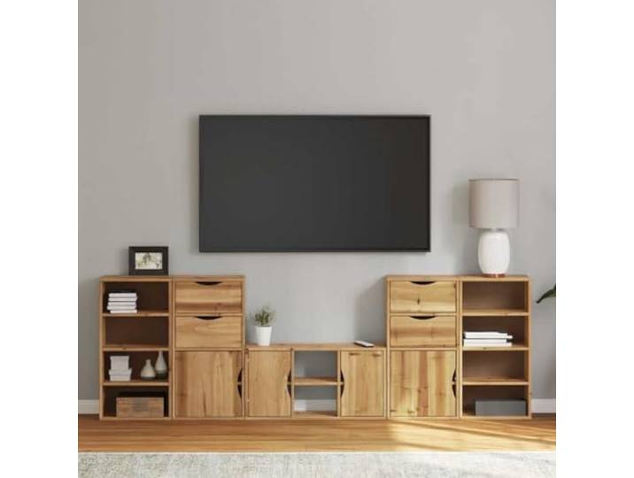 HEFZGDB ODDA Kiefernholz Wohnwand mit Stauraum, 5-TLG. TV-Schrank für Multimedia-Geräte, Bücher und Deko, robuste Oberplatte, modulares Design für Flexible Raumgestaltung, Wohnzimmer