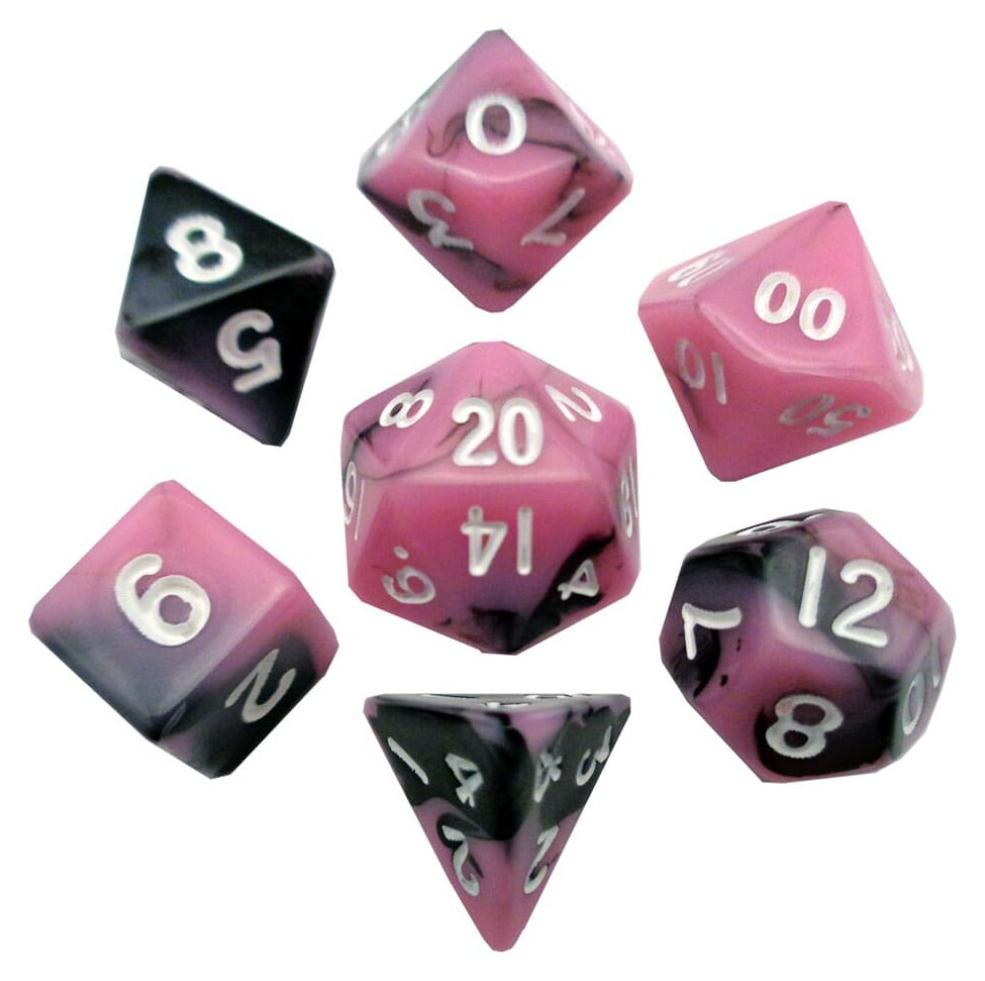 FanRoll Mini Dobbelsteen Set, roze/zwart met witte cijfers (7 stuks)