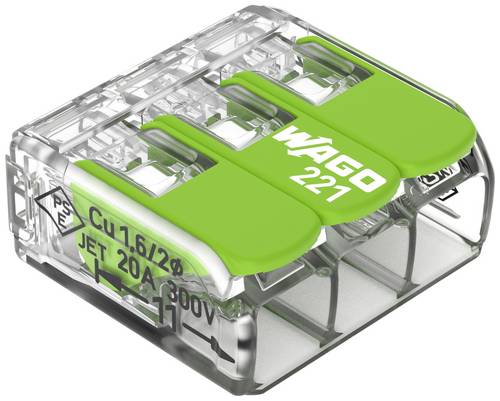 WAGO 221-423 221 Verbindungsklemme flexibel: 0.14-4mm² starr: 0.2-4mm² Polzahl: 3 Inhalt: 50 St. Transparent, Grün