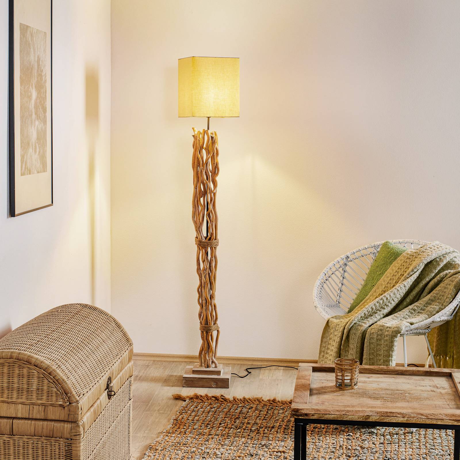 Wooden Floor Lamp Marica ONLI, Cream / amber, Living / Dining Room, Textile / fabric / silk, Floor Lamp