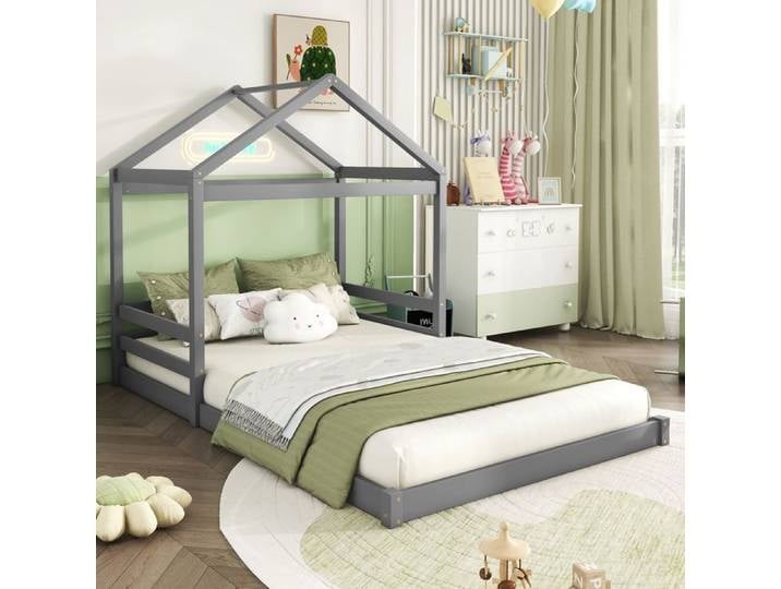 Lit cabane enfant - SOGEU - Lit cabane 140x200 - Gris - Pin - Sommier à lattes