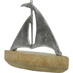 Segelboot Deko aus Aluminium - Edle Dekoration für Wohnräume - Mangoholz-Sockel - Braun, Silber - Maritim - 17x17x6cm - Handgefertigt