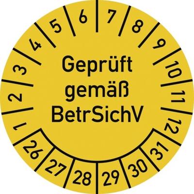 Dreifke® Prüfplakette Geprüft gemäß BetrSichV,2026-2031,Dokumentenfolie,Ø30 mm,10 Stück/Bogen