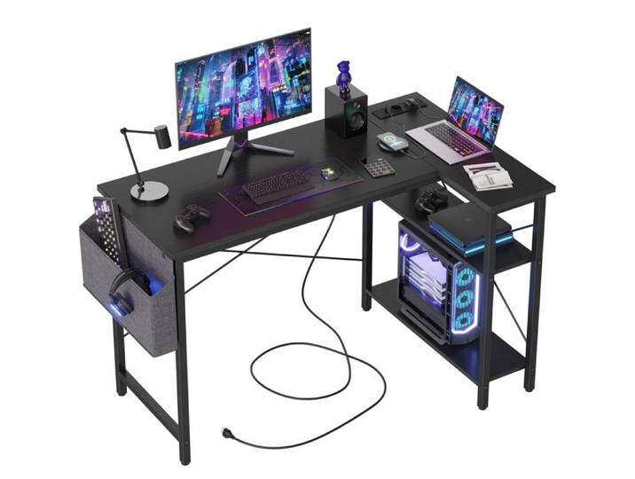BEXEVUE Bureau d'Angle avec Multiprise et Étagères 120 x 70 cm Bureau Gaming Noir