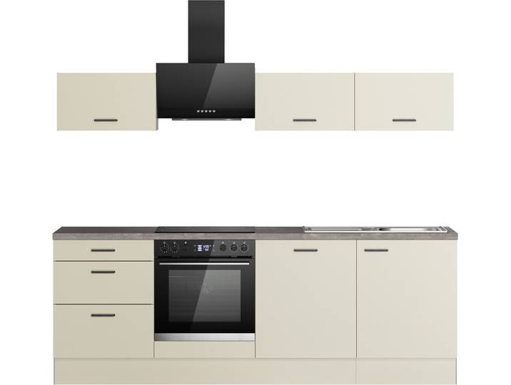 Küchenzeile KOCHSTATION KS-Sion Breite 240 cm , beige (küche: natur, korpus: kaschmirfarben, arbeitsplatte: iron flow), B:240cm H:186cm T:60cm, Komplettküchen-Sets, Küchenzeile, schnelle Montage OPTIsnap, wahlw. m.HANSEATIC-E-Geräten u.Stand Alone