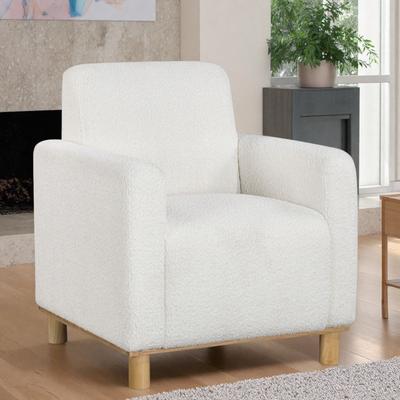 "29.5"" Boucle Arm Chair with Cylindrical Wooden Legs and Pocket Springs and Natural Finish"