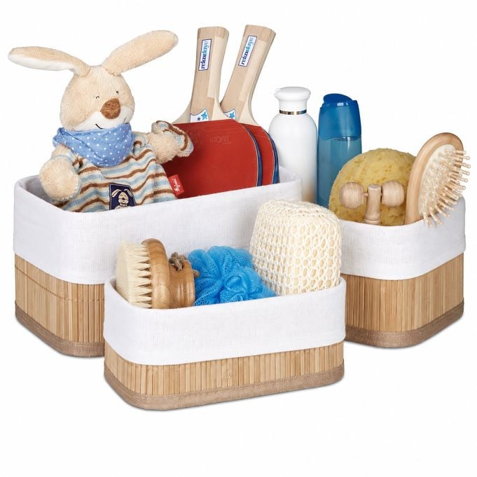Relaxdays Opbergmand badkamer set van 3 met handvatten van bamboe en textiel