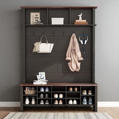 Fundinbaths Farmhouse 4-in-1 Hall Tree with Bench, 6 Hooks, Walnut Top, 16 Open Cubbies, Adjustable Shelves, Rustic Entryway Organizer