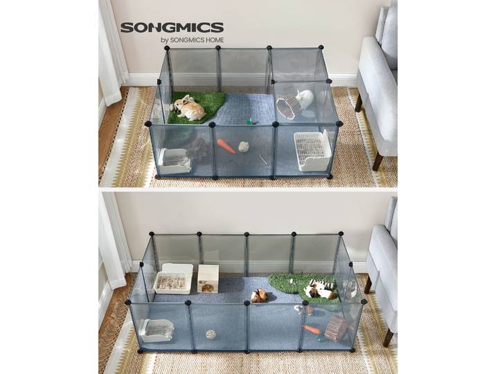 SONGMICS Kleintierkäfig, Freigehege mit Bodenplatten, 143 x 73 x 46 cm, grau