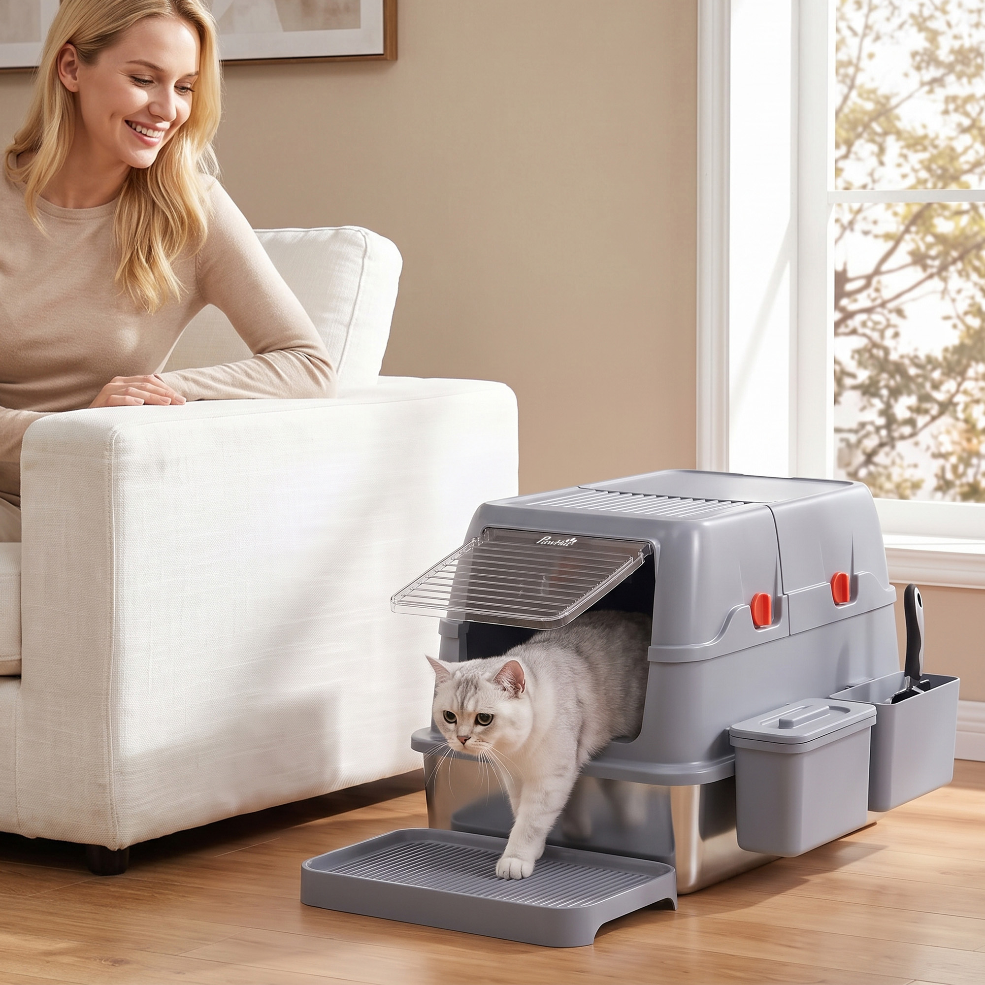 Pawhut 3 in 1 Lettiera Gatto Chiusa Grande 49L in Acciaio Inox con Coperchio, Paletta, Pedana, 2 Contenitori, Grigio   Aosom Italy