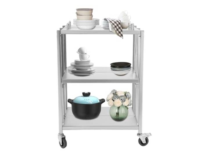 CuCummoo Faltbarer Servierwagen 3 Borde 63x40x95cm 100kg statische Last 30kg dynamische Last faltbar klappbarer Küchenwagen aus Edelstahl Küchenrollwagen Rollwagen Küche