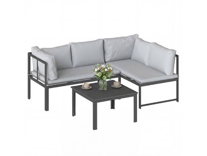 Salon de jardin - mobilier de terrasse - Outsunny - 3 pièces 4 places accoudoir réglable coussins 16cm et table basse - métal - gris