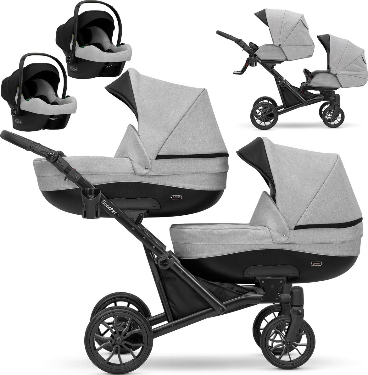 Kinderwagen BOOSTER 3 in 1 Komplettset Zwillingskinderwagen Geschwisterwagen Zwillingsbuggy Doppelkinderwagen (Grau)