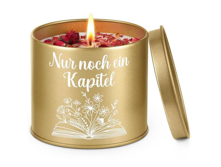 Duftkerze im Glas mit Aufdruck Nur noch ein Kapitel ; Goldfarben, Paraffin, 7.5 cm, Dekoration, Kerzen & Kerzenhalter, Duftkerzen