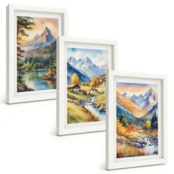 BILDER SET 3er Set - 20x30 cm Weißer Rahmen - Berglandschaft mit einem Fluss
