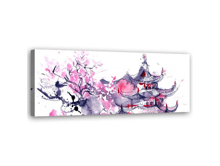 Feeby Wandbild japanische pagode aquarell, Pink, Orientalisch, Rechteckig, 90x30 cm, Bilder & Rahmen, Bilder, Leinwandbilder