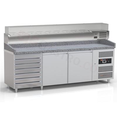 Big-Gastro Pizzakühltisch - Pizzatisch mit 2 Türen und 7 Schubladen inkl. Glaskühlaufsatzvitrine für 1/3 GN Behälter - IDEAL graue Granitarbeitsplatte