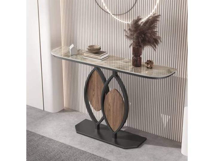 Moderner Konsolentisch mit Sinterstein, schmaler Flurtisch für Eingang Sintersteinplatte, kratzfest, schmaler Flurtisch, Metallgestell, modernes Design(Black+Brown,59.1in*11.8in)