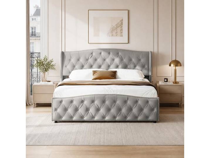 Lit Coffre 160x200 Lit Double avec sommier à Lattes et Coffre de Lit Lit Rembourré Lit Double Adulte Gris