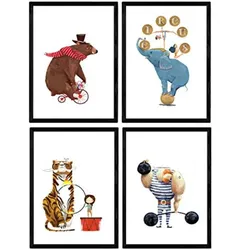POSTER Set mit 4 Circus Strongman Bär Fahrrad acrobata und leon Elefant A3 Schwarzer Rahmen