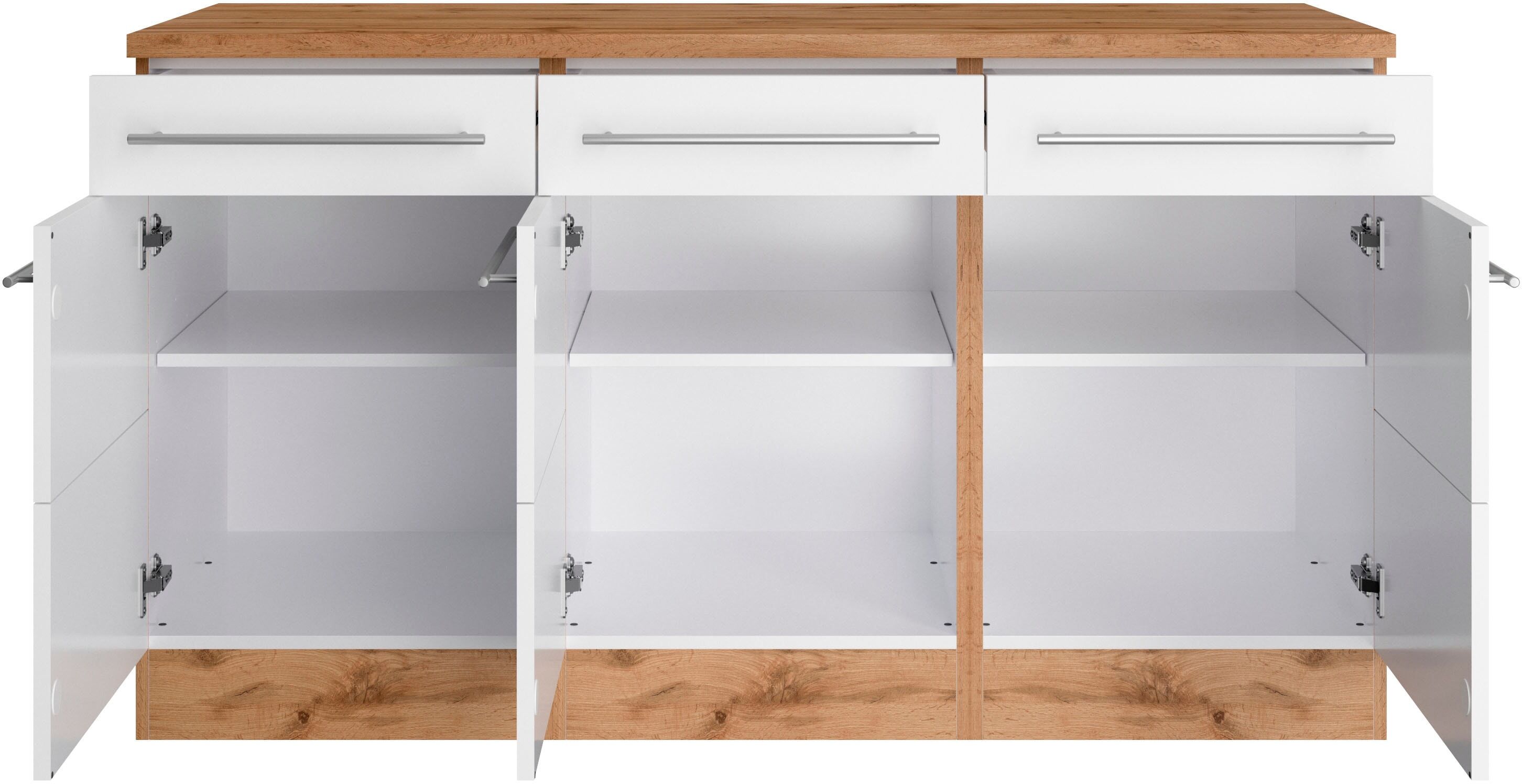 Unterschrank KOCHSTATION "KS-Wien", weiß (weiß, wotaneiche), B:150cm H:85cm T:60cm, Schränke, Unterschrank, edel aussehende gestiftete Fronten