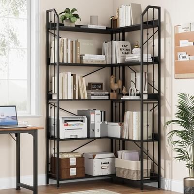 Garvee "5 Tier Corner Bookshelf, 72""H L Shaped Bookcase Adjustable with Wood Board, Industrial Storage Shelves with Beaded Design"