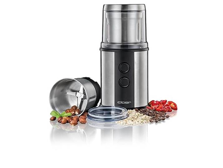 Cloer 7419 Elektrische Koffie- en Kruidenmolen met Slagmessen van roestvrij staal, 350 W, 2 afneembare roestvrijstalen containers, voor pesto, kruiden, noten en graanproducten, tot 80 g Koffiebonen