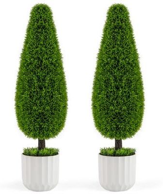 Costway 2 Pack 3 Feet Artificial Cedar Teardrop Shaped Bush with Plastic Nursery Pot-Green