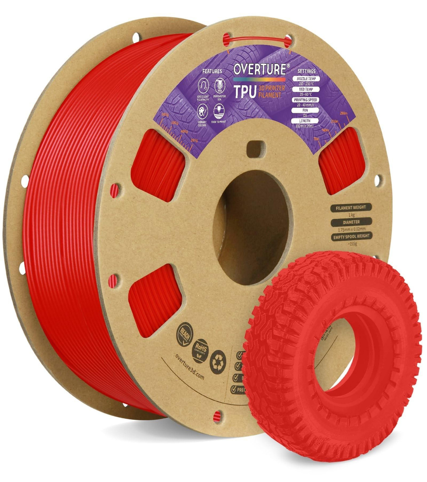 Merkloos TPU Filament 1.75mm, 1kg Spool, Rood