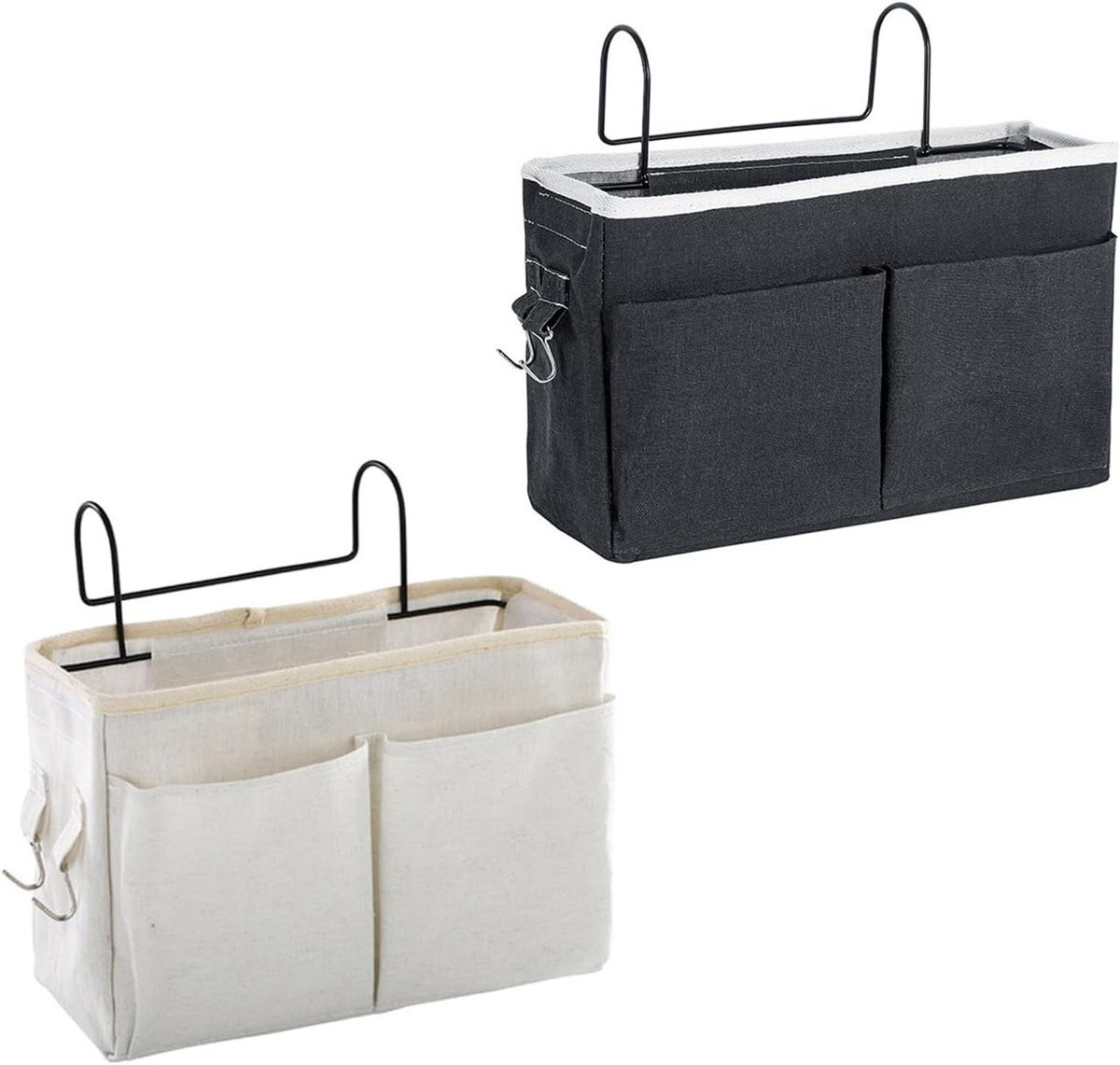 Set van 2 vouwbare linnen opbergzakken voor bed, hangende organizer voor boeken en speelgoed, zwart en wit