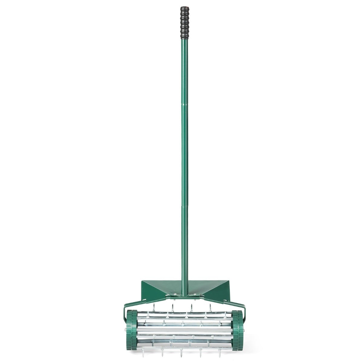 Costway Rollende Gazonbeluchter Groen, Handmatige Roterende Spike Verticuteerder met Groot Beschermend Scherm en Lange Steel, 46 cm