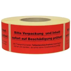 Transpak, Sicherheitskennzeichnung, Hinweisetikett Masse 145x70mm Papier rot Verpackung u. Inhalt auf Beschäd. prüfen
