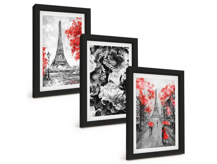 Tulup Bilder SET 3er Set - 20x30 cm Schwarzer Rahmen - graue Gemälde des Eiffelturms, Kunststoff, Rechteckig, 20x30 cm, einfache und schnelle Anbringung, Bilder & Rahmen, Bilder