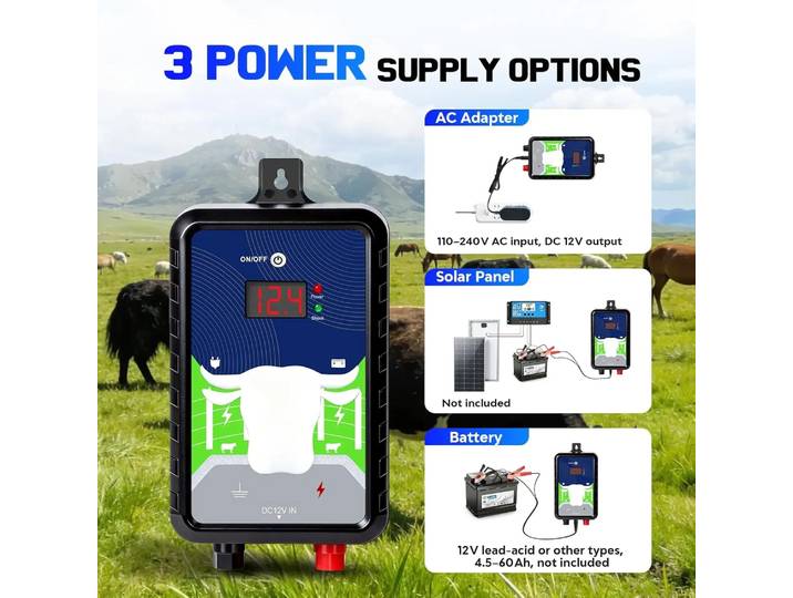Chargeur de clôture électrique 15 milles avec mode marche/arrêt, chargeur de clôture 4.0J pour une protection ininterrompue 24h/24 des animaux et des prédateurs