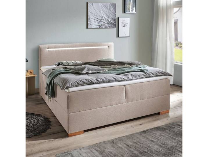 Boxspringbett Noar Webstoff mit Beleuchtung und Bettkasten 180x200 cm Bonellfederkern-Box Härtegrad: H3 Taupe modern