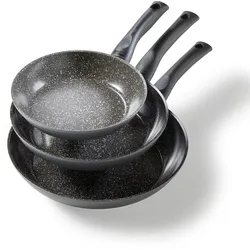 STONELINE Ceramic Pfannenset 3 teilig, 20/24/28 cm Pfanne, Keramik, Antihaft beschichtete Pfanne mit echten Steinpartikeln, Induktion und backofengeeignet, schwarz