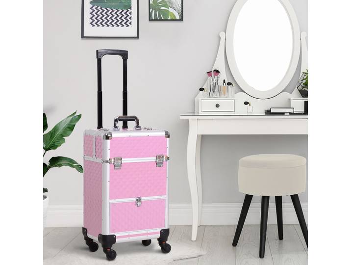 HOMCOM Valise trolley maquillage mallette cosmétique vanity poignée télescopique réglable 34L x 25l x 62H cm alu. rose