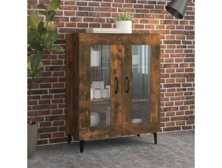 RJPLMFV Anrichte Eiche rauchfarben, 69,5 x 34 x 90 cm, Holz 2 Glastüren, Aufbewahrung für Wohnzimmer, Wandbefestigung inklusive, einfache Montage
