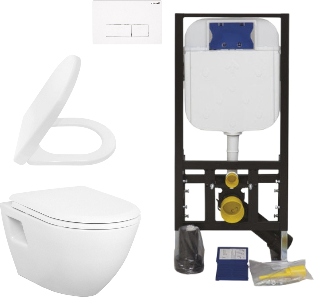 Creavit Hänge WC Set Weiß Keramik Wand WC mit Softclose Sitz und Unterputz Vorwandelement Spülkasten 3/6 L Komplettset