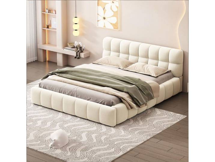 Structure de Lit Double 160x200 Lit 160x200 avec sommier Lit Rembourré 160x200 Lit avec Dossier Moelleux Design Moderne Lin Beige