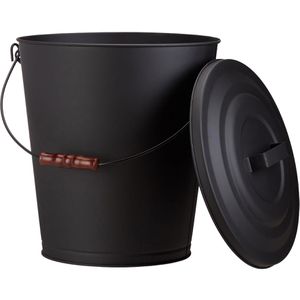 Relaxdays Ascheeimer 10022305, schwarz, mit Holzgriff & Deckel, aus Metall, feuerfest, rund, 24 Liter