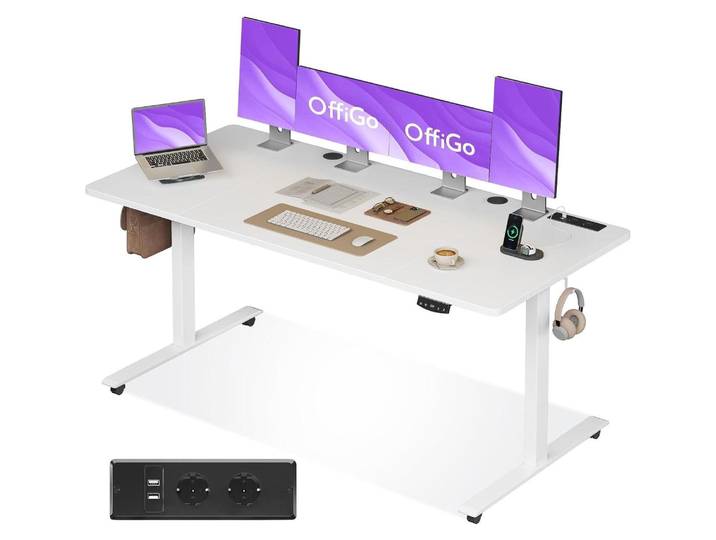 Höhenverstellbarer Schreibtisch Elektrisch 180x70 cm Blanc Weiß mit USB & Memory Funktion