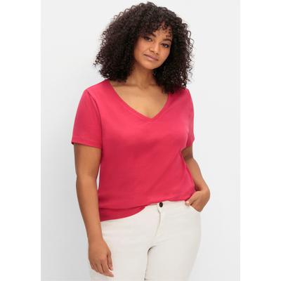 T-Shirt SHEEGO "T-Shirt", Damen, Gr. 48/50, pink (magenta), 100% Baumwolle, unifarben, V-Ausschnitt, Shirts T-Shirt