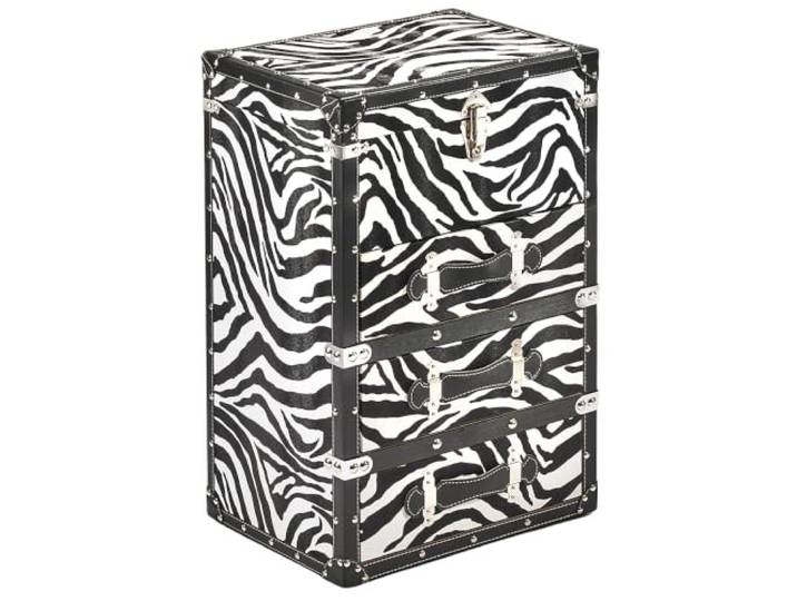 Kobolo Kommode Zuri im Zebra Look Kleiner Schubladenschrank schwarz weiß schmales Sideboard mit 3 Schubladen und 1 Klappfach 41x31x64 cm Kunstleder Aufbewahrungsschrank für Wohnbereich und Flur