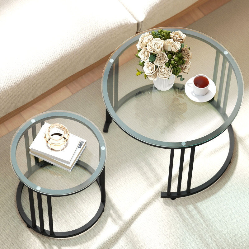 Metro Round Coffee Tables, Nesting Tables with Top 60*60*47 cm Tempered Glass 2 Pieces Nesting Coffee Table Black Nesting Design Black 47cm H X 60cm W X 60cm D