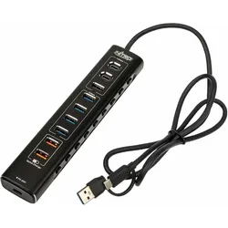 Nitro Concepts UH1, 10-Port Hybrid USB-Hub, USB 3.2 (USB-A, USB-C, 10 Ports), Dockingstation + USB Hub, Schwarz