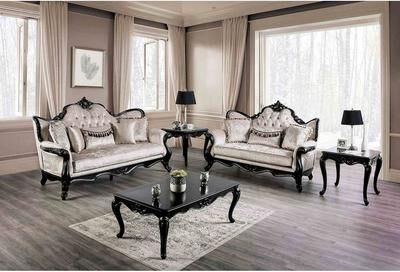 Esofastore Royal Solid Wood Sofa Set Off White Finish Button Tufted