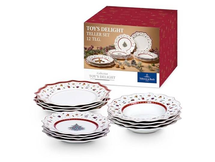 Villeroy & Boch – Toy's Delight Tafelservice Weihnachten 12 Teilig, Weihnachtsteller Set Toys, Weihnachtsgeschirr, Weihnachtsservice 4 Personen, Speiseteller, Suppenteller, Frühstücksteller, Porzellan