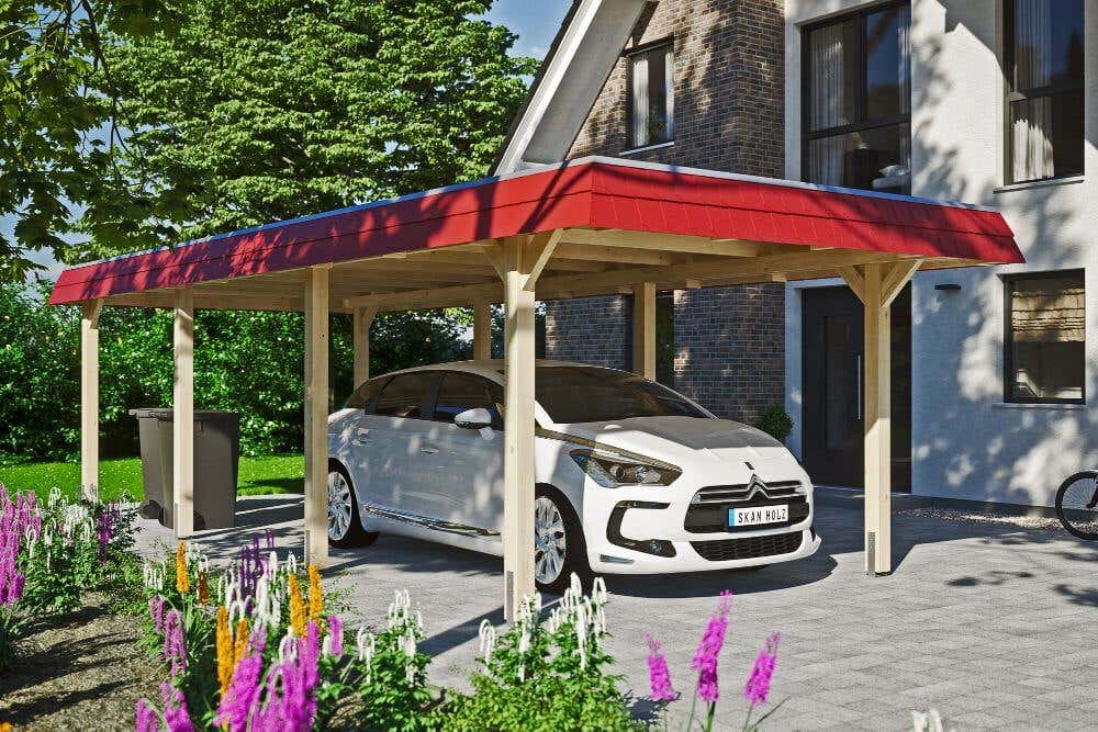 Einzelcarport SKAN HOLZ Wendland schwarze Blende inkl. Pfostenanker 362 x 870 cm natur