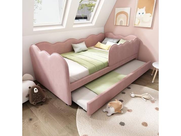 FAVSH Ausziehbett 90x190 cm, Daybett Tagesbett Schlafsofa, Einzelbett mit Lattenrost, Bett Jugendbett Gästebett, Leinen, Rosa, ohne Matratze